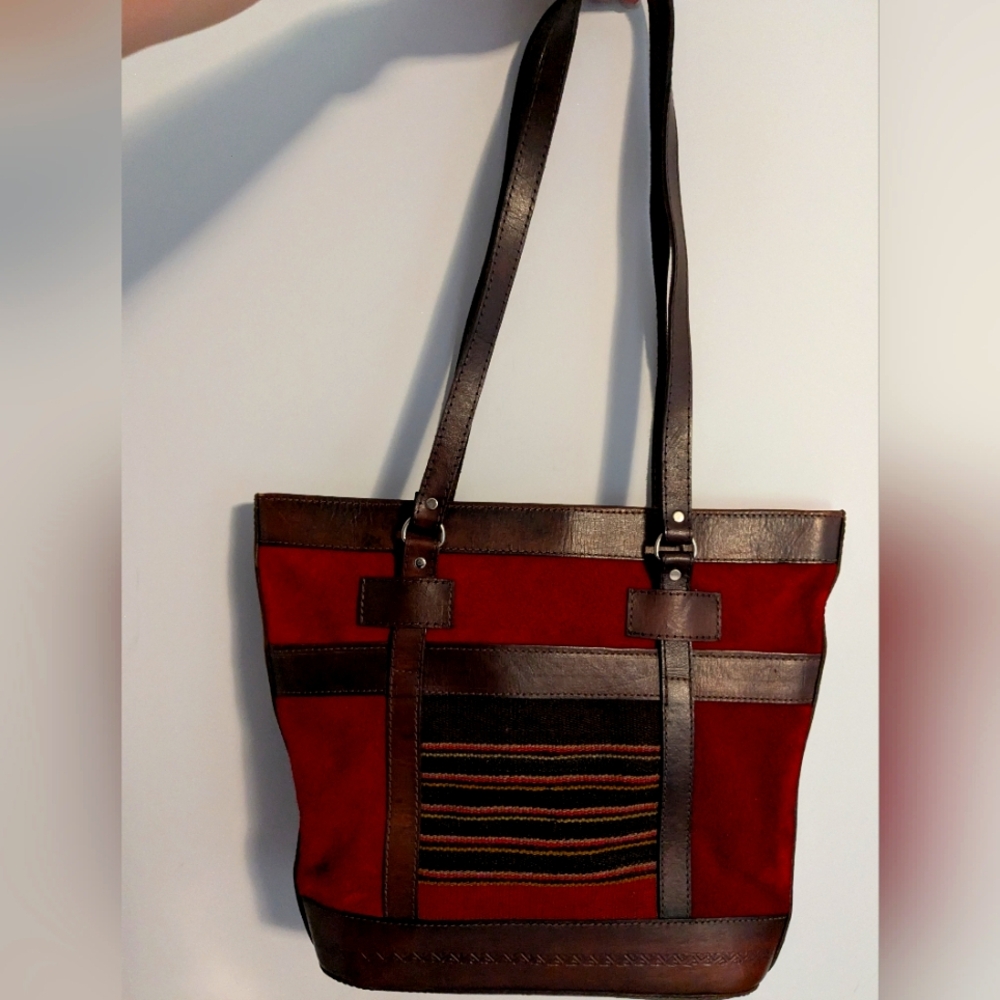 Chic Red and Brown handmade Leather Boho Tote Purse. Get Ready For Fall!